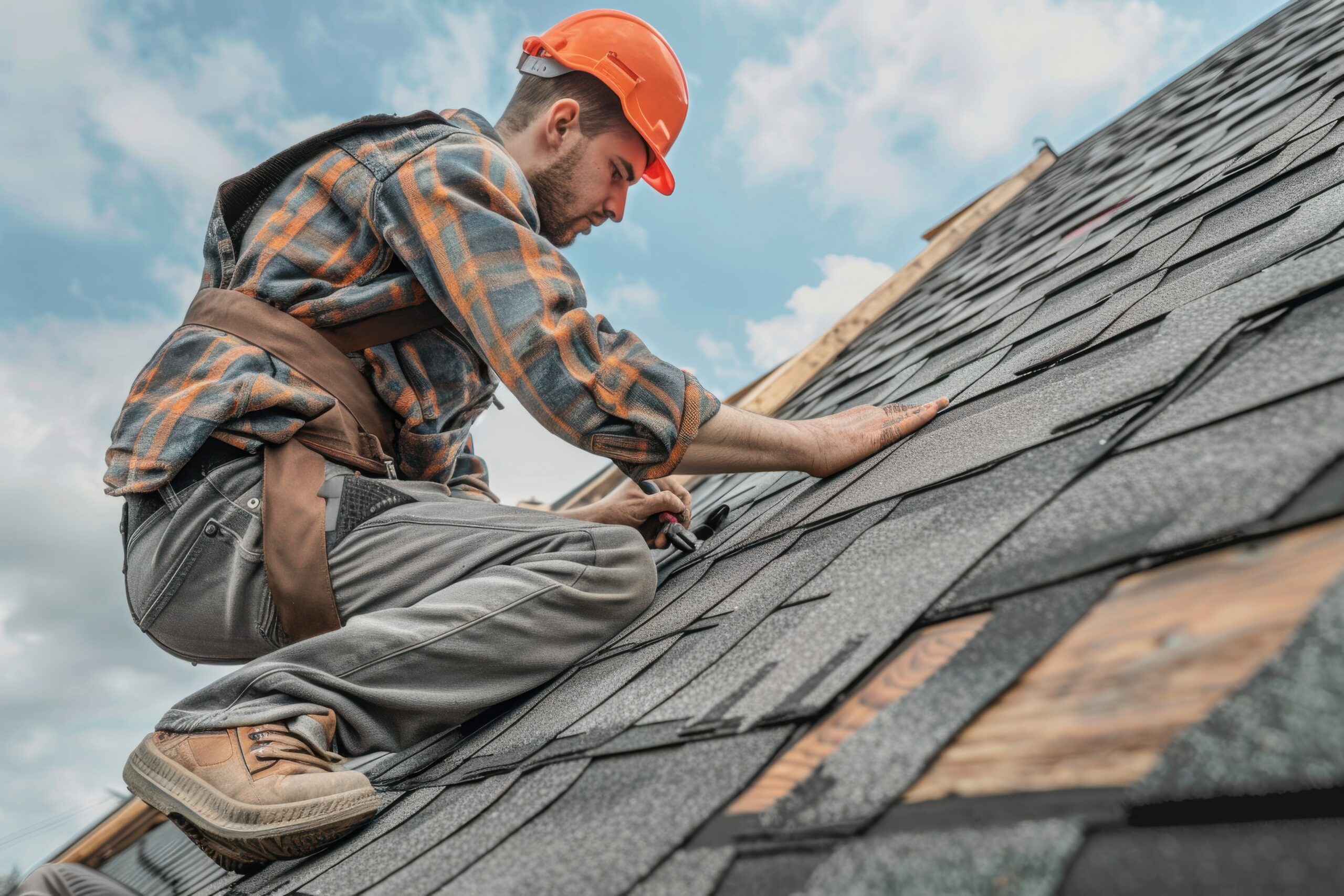 vecteezy_skilled worker installing shingles on a roof under a partly_ scaled